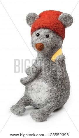 toy handmade from felt mouse with cheese isolated on white background