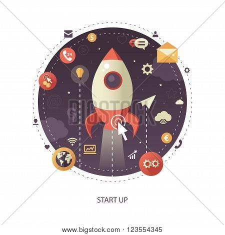 Modern flat design start up business vector infographics illustration with a rocket liftoff to the space