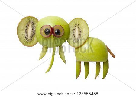 Funny elephant made of apple and kiwi on white background