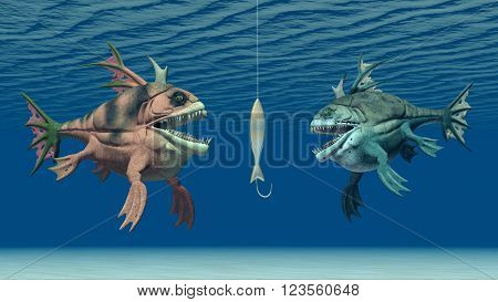 Computer generated 3D illustration with fishing bait and monstrous fish