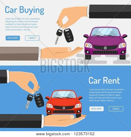 Rent amd Buying Car Banner for Poster, Web Site, Advertising like Hand, Car and Key.