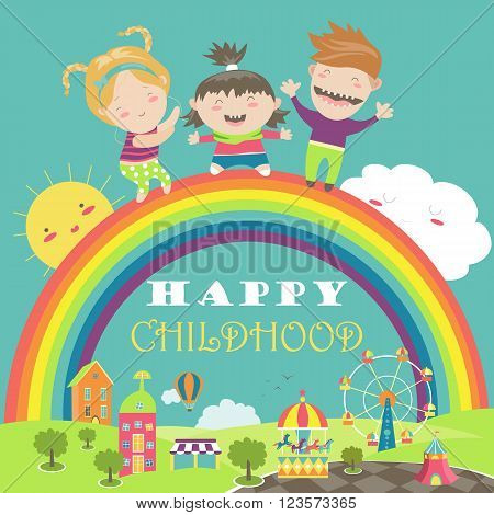 Happy children with rainbow and carousel. Vector illustration