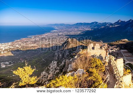 View on mountains and sea from walls of Hilarion Castle. Kyrenia, Cyprus