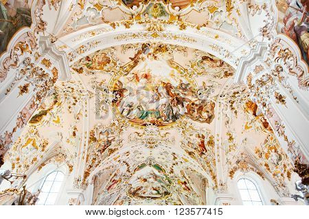 ROTTENBUCH, GERMANY - JUNE 18: Ceiling of the Rottenbuch Abbey church (Kloster Rottenbuch) in romanesque style on june 18, 2013 in Rottenbuch, Germany.