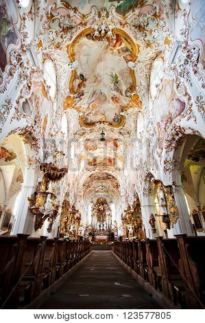 ROTTENBUCH GERMANY - JUNE 18: Interior of the Rottenbuch Abbey church (Kloster Rottenbuch) in romanesque style on june 18 2013 in Rottenbuch Germany.
