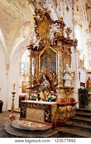 ROTTENBUCH GERMANY - JUNE 18: Interior of the Rottenbuch Abbey church (Kloster Rottenbuch) in romanesque style on june 18 2013 in Rottenbuch Germany.
