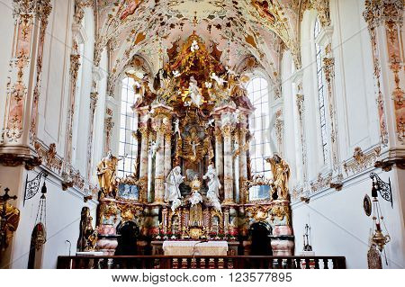 ROTTENBUCH GERMANY - JUNE 18: Interior of the Rottenbuch Abbey church (Kloster Rottenbuch) in romanesque style on june 18 2013 in Rottenbuch Germany.