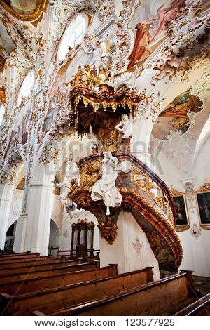 ROTTENBUCH GERMANY - JUNE 18: Interior of the Rottenbuch Abbey church (Kloster Rottenbuch) in romanesque style on june 18 2013 in Rottenbuch Germany.
