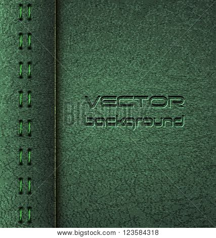Realistic vector green leather diary texture and stitches. Vector Illustration. EPS 10.