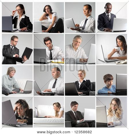 Composição de pessoas diferentes, usando um laptop