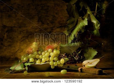 Still life of grapes and pears on a dish with knife and vine in the background, looking like a painting
** Note: Soft Focus at 100%, best at smaller sizes