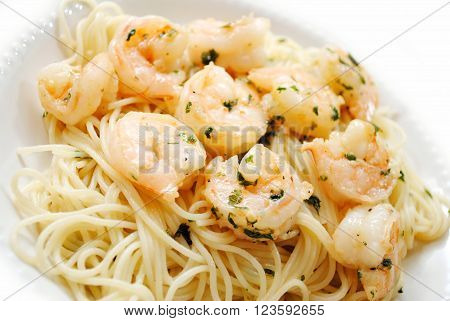 Close Up of Spaghetti with Gourmet Shrimp Scampi