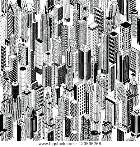 Skyscraper City Seamless Pattern is hand drawing of different high-rise buildings in isometric projection. Illustration is in eps8 vector mode.