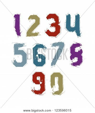 Bright hand painted daub numerals collection of acrylic realistic digits with brushstrokes.