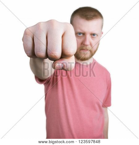Bearded man held out his hand with fist