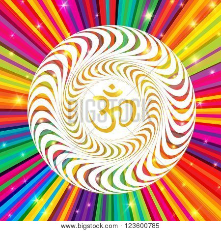Om symbol on Colorful Rays Psychedelic Background