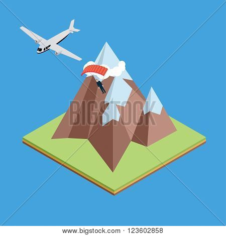 Isometric flying aircraft between mountains with parachutist going down to the ground