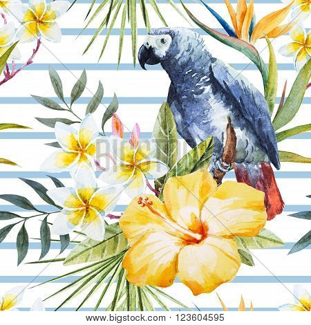 Beautiful pattern with nice tropical watercolor watercolor flowers and parrot
