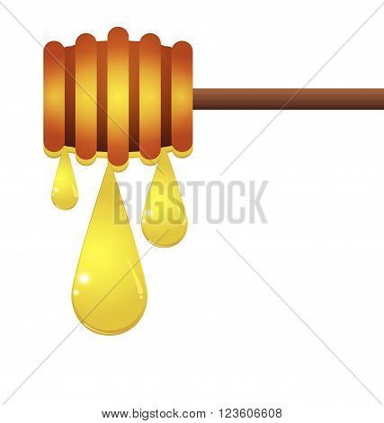 Honey dripping from a wooden honey dipper isolated on white background