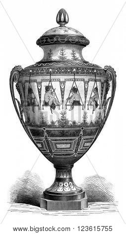 Manufacture de Sevres, The Painters, enamel vase decorated in relief, vintage engraved illustration. Magasin Pittoresque 1880.