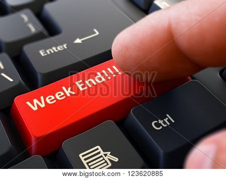 Week End - Written on Red Keyboard Key. Male Hand Presses Button on Black PC Keyboard. Closeup View. Blurred Background. 3D Render.