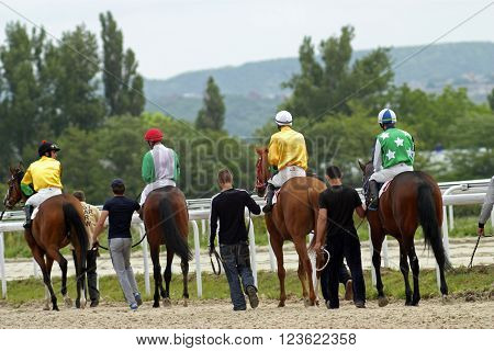 PYATIGORSK, RUSSIA - MAY 27, 2012:Before horse racing unknown grooms and jockeys output horses to race Derby prize in Pyatigorsk,Caucasus,Russia on May 27,2012.