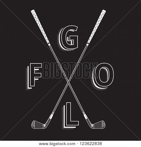 Black and white golf logo made with clubs. Golf iron clubs in graphic style. Golf element made with chalk on black background
