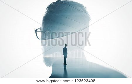 Photo of stylish bearded  banker wearing glass isolated white. Double exposure stylish adult businessman wearing trendy suit and looking diagram background. Isolated white.