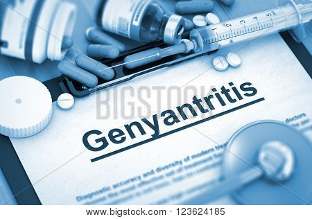 Diagnosis - Genyantritis On Background of Medicaments Composition - Pills, Injections and Syringe. Toned Image. 3D Render.