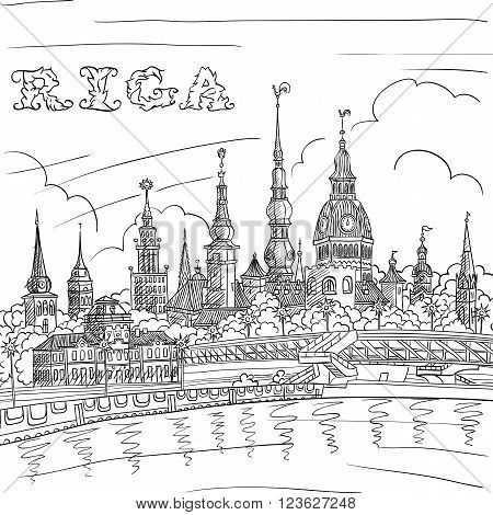 Vector Black and white hand drawing, sketch of Old Town and River Daugava, Riga, Latvia