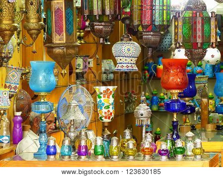 JAIPUR INDIA - NOVEMBER 15: Display of traditional lamps at Johari Bazaar on November 15 2014 in Jaipur India. Jaipur is the capital and the largest city of Rajasthan.