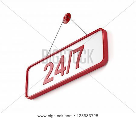 Always open 24/7 door sign on white background, 3D Rendering