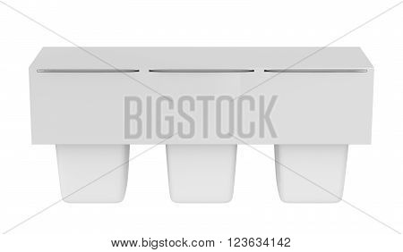 Packs of three blank plastic containers for yogurt ice cream pudding or other products isolated on white, 3D Illustration