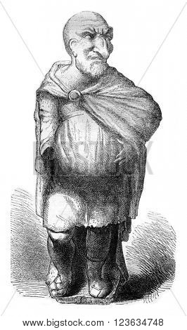Louvre Museum, Maccus or antique Pulcinella, vintage engraved illustration. Magasin Pittoresque 1870.