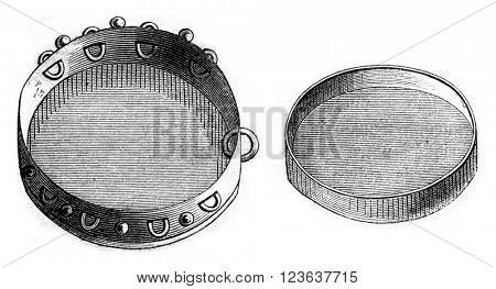 Ancient riddle metal blades, Screeners without blades, vintage engraved illustration. Magasin Pittoresque 1869.