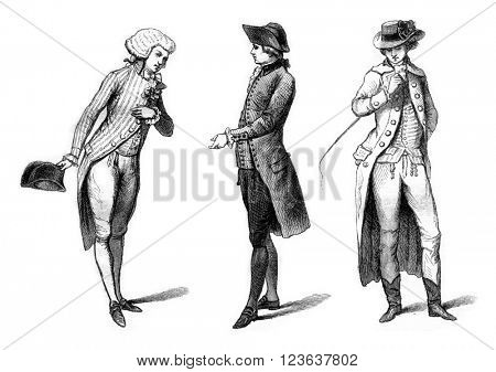 Young elegant in evening dress (1787), Bourgeois in mourning (1786), Horse costume in the English (1786), vintage engraved illustration. Magasin Pittoresque 1869.