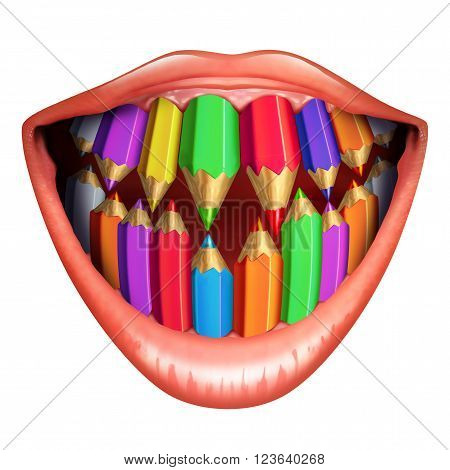 Smile art concept and happy mouth as an open laughing smiling element made of color pencils as a youthful play arts and crafts metaphor or psychedelic icon isolated on a white background.