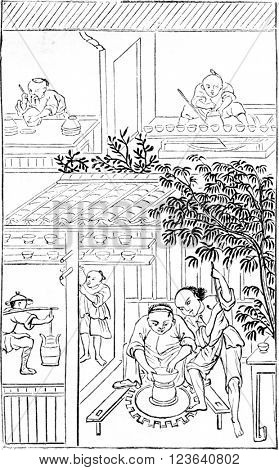 Manufacturing vases cho chi, vintage engraved illustration. Magasin Pittoresque 1857.