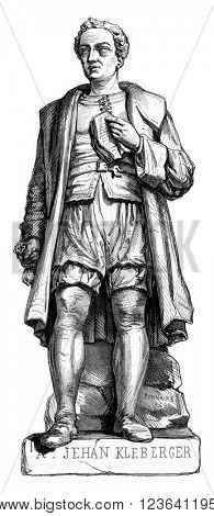 Jean Kleberger. Stone statue by L. Bonnaire, opened in Lyon September 19, 1849, vintage engraved illustration. Magasin Pittoresque 1853.