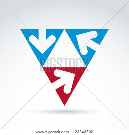 Vector abstract emblem with three multidirectional arrows placed in isosceles triangles. Conceptual corporate symbol colorful pyramid icon.