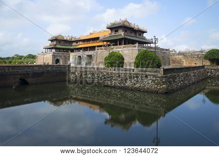 HUE, VIETNAM - JANUARY 08, 2016: The bastion Thanh Bastion with the main gate of the Imperial forbidden purple city. The historic landmark of the city of Hue, Vietnam