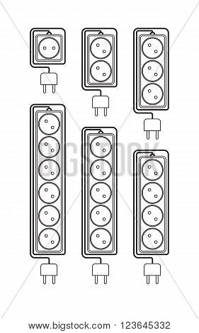 Collection electrical extension cords in a modern linear style. Electric surge protector icon electric extension cable icon electrical plug and electrical outlet. Schematic image. Vector