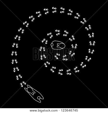 Spiral symbol formed by cute little bunnies and footprints. Vector bunny rabbit footprints.