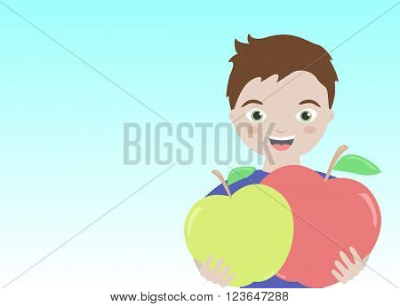 Happy healthy boy holding red and green apple with blue background vector