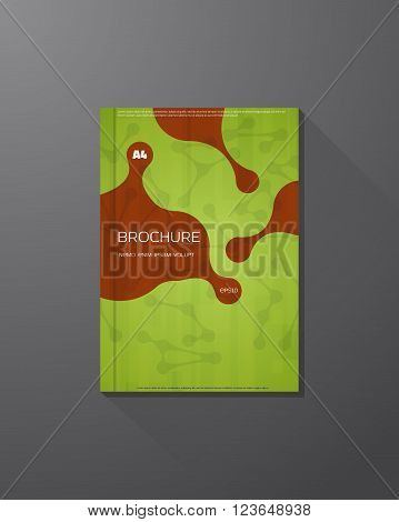 Abstract vector brochure design template. Green color science background. Molecules and liquid drops.