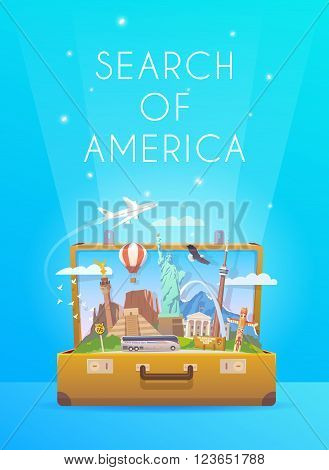 Trip to South America. Travel to South America. Vacation. Road trip. Tourism to South America. Vertical travel banner. Open suitcase with landmarks. Travelling illustration. Wanderlust. Flat style.
