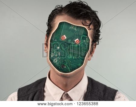 Human cyborg robot with anonymous circuit board face