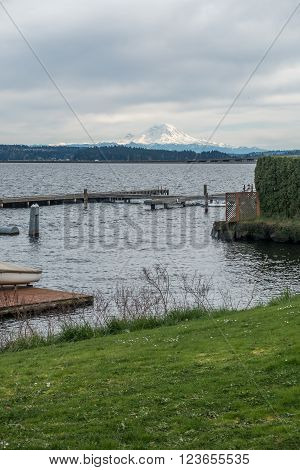 Majestic Mount Rainier can be seen in the distance across Lake Washington in Seattle.