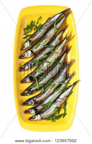 Smoked capelin with green onions on yellow plate isolated on white background. Top view