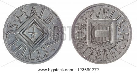 Half Schilling 1926 Coin Isolated On White Background, Austria